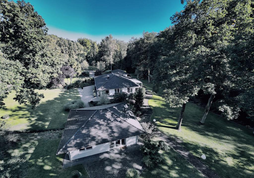 Panoramafoto eines privaten Grundstücks – Garten, Terrasse und Zufahrt; diskrete Immobilienaufnahme.